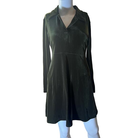 BCBG Maxazria Green Velvet Velour Collared Long Sleeve A-Line Mini Dress L - Picture 2 of 7